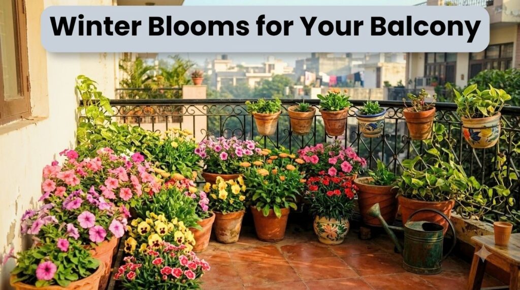 Winter flowering plants in India growing in pots on a sunny balcony