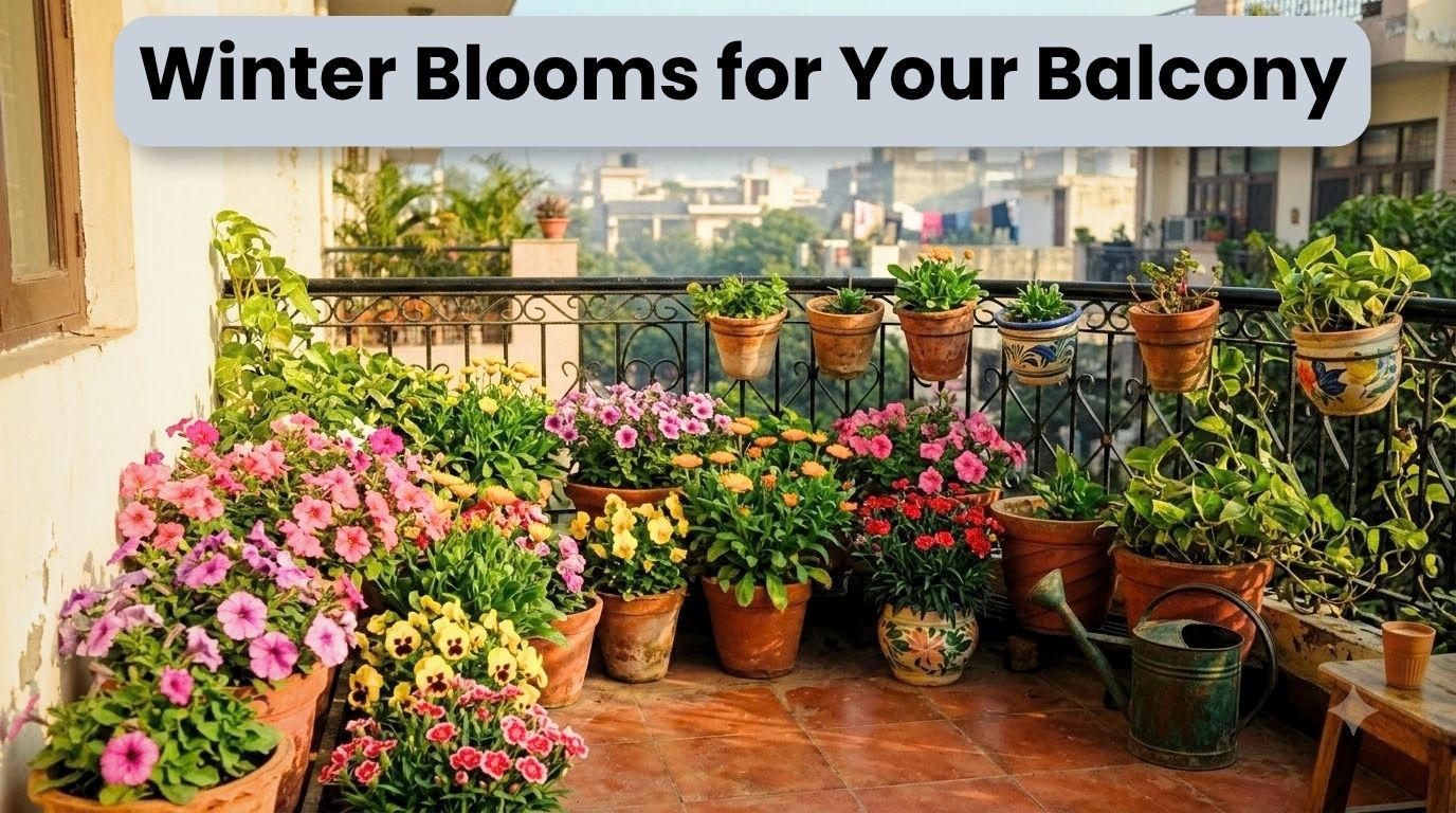 Winter flowering plants in India growing in pots on a sunny balcony